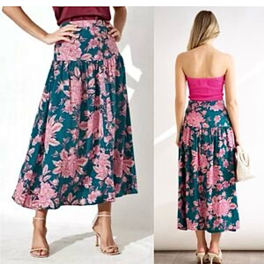 NEW Anthropologie Abel The Label Bonnie Maxi Skirt Teal Blue Pink Floral XS NWT
